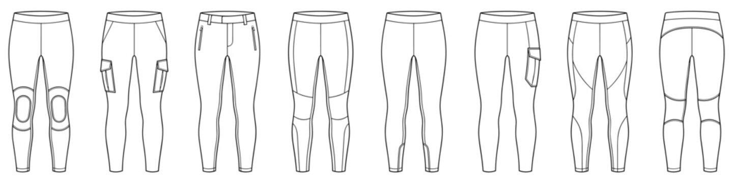 flat sketch set of athletic training leggings vector illustration featuring cargo and panelled sports tights