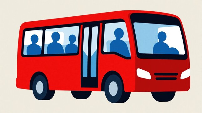 Red mini bus icon illustration. Small passenger shuttle carries people in urban city. Flat design cartoon vehicle for public transport, transit service, tourism trip. Simple commuter coach moves