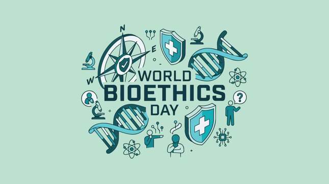 Compass needle pointing to medical ethics icons with DNA helix microscope and shield for world bioethics day