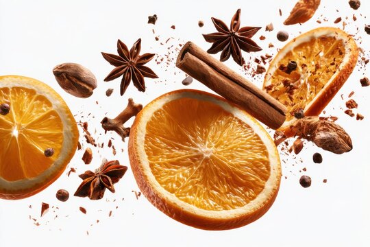 Vibrant Christmas orange slices spices falling white background close up