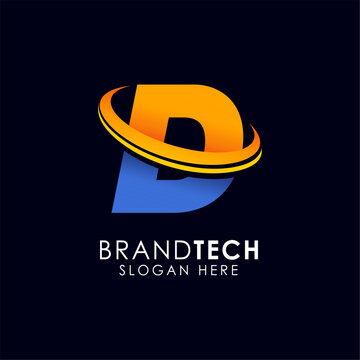 Modern blue and orange abstract letter D logo with tagline space, perfect for technology or branding companies