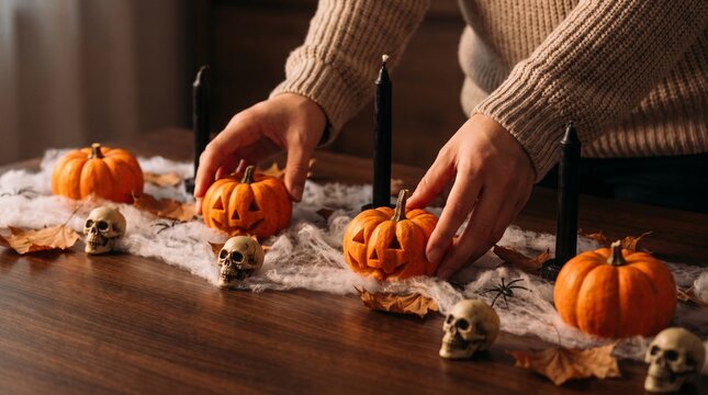Person Decorating A Wooden Table With Mini Pumpkins And Small Human Skulls For A Festive Halloween Celebration At Home