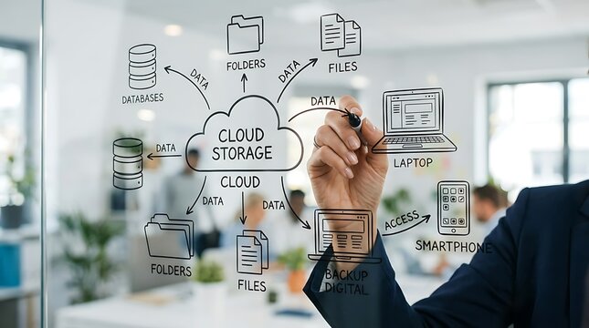 Business professional drawing cloud computing and data storage network diagram on a glass wall.