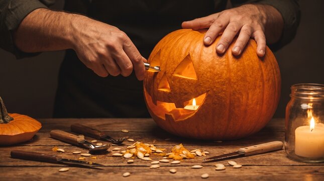 Person's Hands Carving a Traditional Halloween Jack-O'-Lantern Pumpkin on a Rustic Wooden Table