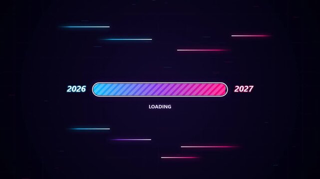 Loading bar progress between years 2026 and 2027 with neon gradient style on dark background