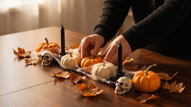Hands Arranging Spooky Halloween Table Decorations with Pumpkins, Skulls, and Autumn Leaves on Wooden Surface