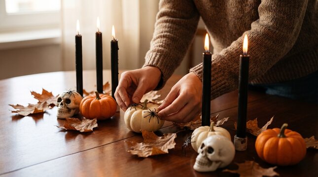Person decorating a table for Halloween with black candles, miniature pumpkins, and small skulls