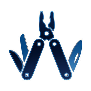 Multi tool pliers icon with open blades and handles in glowing blue neon style for survival gear pocket knife isolated on a transparent background