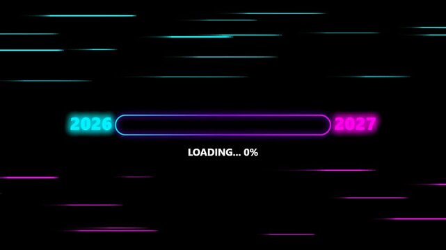 Loading bar animation showing transition between years twenty twenty-six and twenty twenty-seven with neon light effects