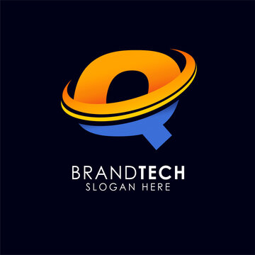 A sleek and modern abstract logo design featuring a stylized letter 'Q' with orbiting rings, perfect for technology and branding companies