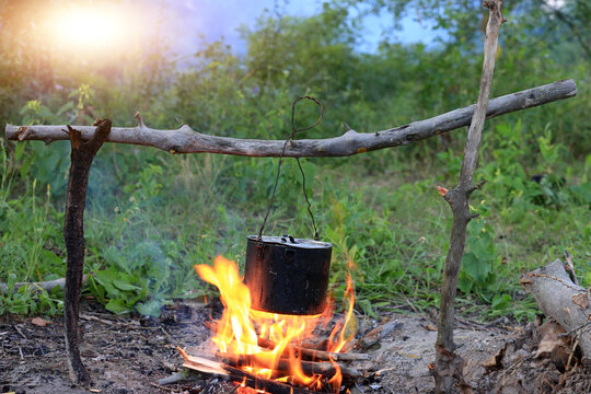 A rustic metal pot hanging over a crackling campfire in a lush green forest wilderness setting
