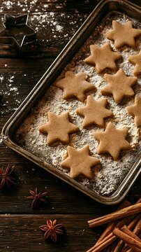Raw star shaped gingerbread cookies on baking sheet sprinkled with flour rustic winter style