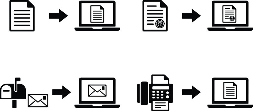 Document digitization icons showing paper files being scanned and uploaded to a laptop computer