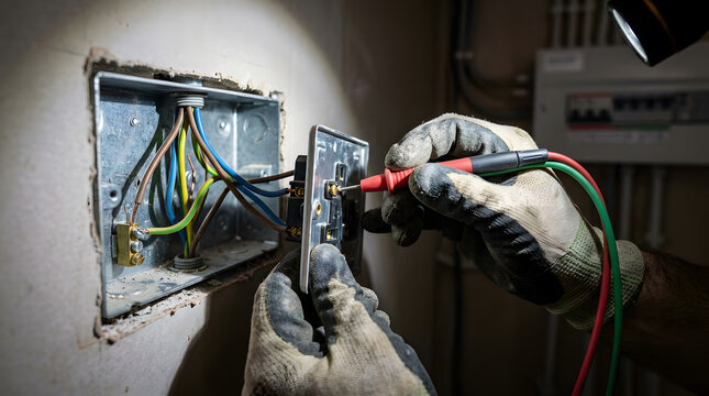 Professional electrician wearing protective gloves testing wall socket wiring with a multimeter probe in a residential renovation project, close-up shot with focused task lighting and exposed cables.