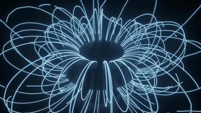 Abstract magnetic field visualization with glowing neon light arcs and energy flow