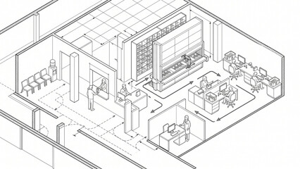Fototapeta premium Isometric Hospital Pharmacy Workflow with Automated Medication Storage CAD Blueprint Vector