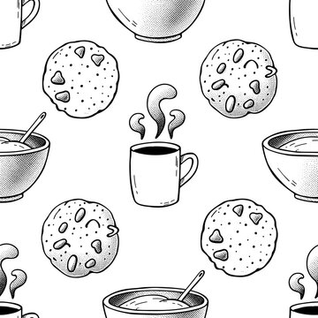 Seamless breakfast pattern with coffee mugs cookies and cereal bowls