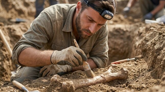 Archaeologist cleaning fossil at an excavation site ground level view