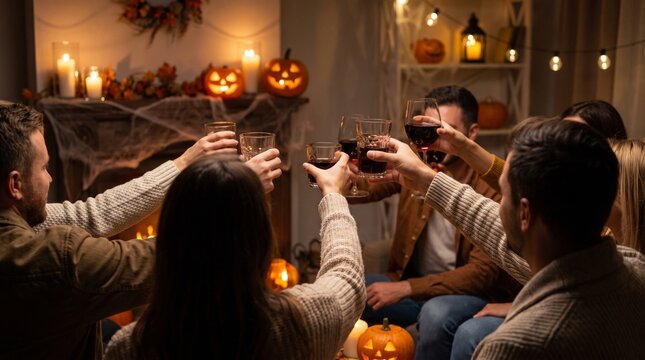 Friends toasting with wine during a festive Halloween party with pumpkins and candles