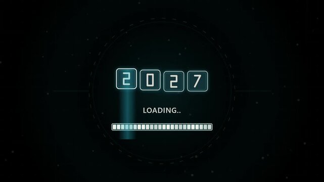 Countdown to 2027 loading screen with glowing numbers and progress bar for futuristic interface