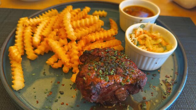 Hearty restaurant meal of grilled steak with seasoning and herbs served with crinkle cut french fries, coleslaw salad and dipping sauce.