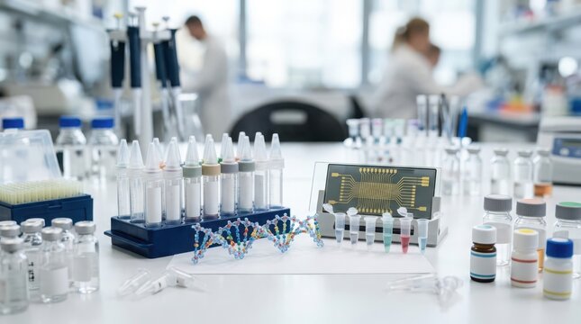 DNA sequencing research with advanced laboratory equipment and DNA helix model
