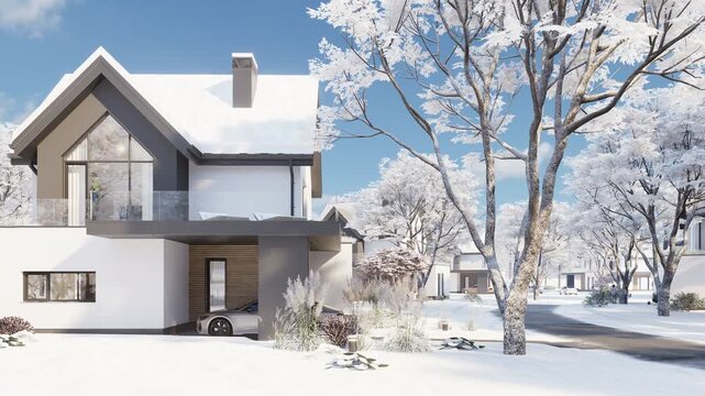 4K orbit shot of a modern suburban house in winter. The contemporary white home features a dark pitched roof, wooden deck, swimming pool, and snowy landscape under a sunny blue sky.
