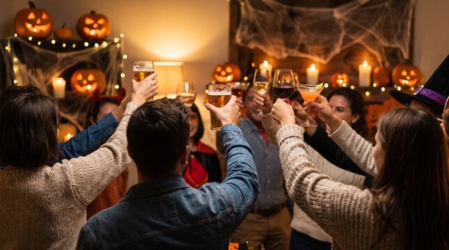 Friends and family gather for a festive Halloween party, raising a toast with drinks in a beautifully decorated spooky setting, celebrating togetherness