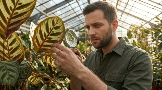 Botanist Inspecting Rare Tropical Leaf with Magnifying Glass