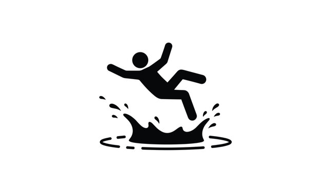 Black silhouette icon of a person slipping and falling backwards into water, illustrating slip and trip safety hazards.