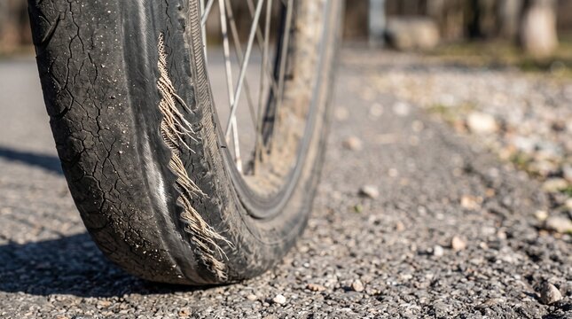 Bike tyre bald on one side shot at a low angle revealing bald band with threads lifting, a documentary style detail of a bike ridden with a soft rear tyre representing a tyre worn out on one side only