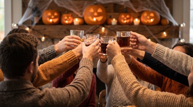Friends and family clinking glasses in a toast around a warm fireplace decorated for Halloween with pumpkins and fall foliage, celebrating the season together with drinks