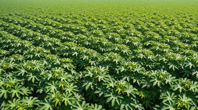 Wide view of green tapioca plantation under bright sky. Vast field of cassava plants shows rich tropical agriculture. Rows of leafy crops grow in rural farmland. Large scale farm provides food