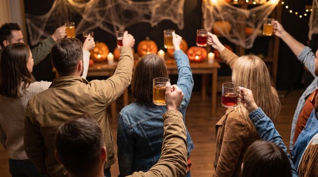 Group of happy friends celebrating Halloween party raising beer mugs and toasting together in decorated room