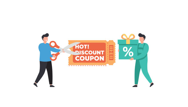 Happy cartoon characters use scissors to cut a discount coupon and carry a big green gift box with a percent symbol.
