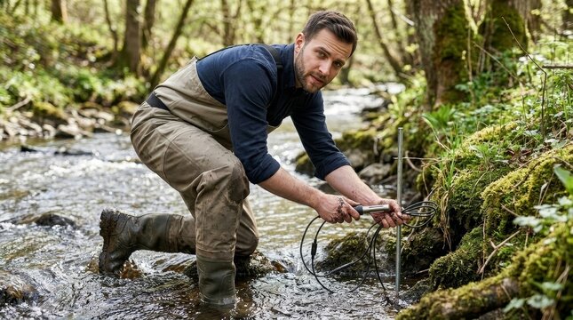 Environmentalist Installing Water Quality Sensor in Stream