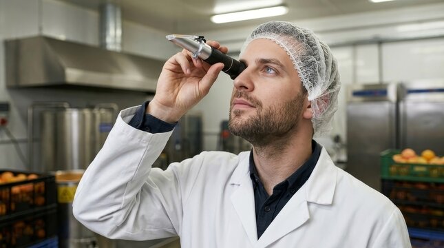 Food scientist testing fruit juice sugar content with refractometer