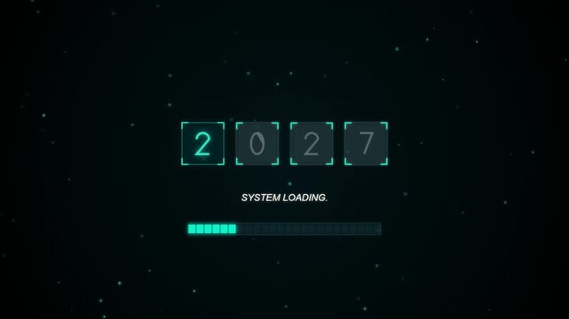 System loading screen with countdown to year 2027 in futuristic interface