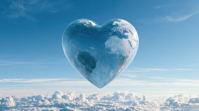 Heart shaped globe floating above clouds in blue sky representing love for planet earth and environmental care with peaceful atmosphere
