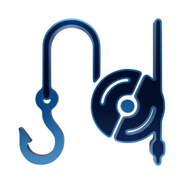Blue 3D of a lifting hook and pulley mechanism isolated on a dark background, for isolated on a transparent background