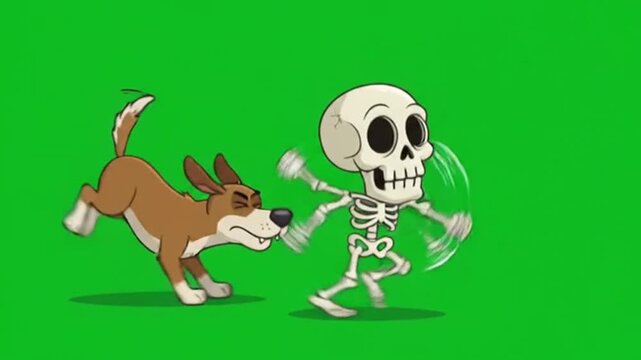 A cartoon animation featuring a brown dog playfully chasing a cute walking skeleton character on a bright green background for creative digital projects