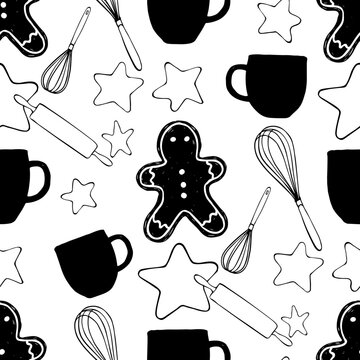 Seamless baking doodle pattern with gingerbread and kitchen tools