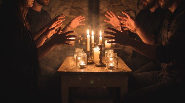 Group of People Gathering Around a Wooden Table Filled with Glowing Candles in a Dark Room for a Mystical S&eacute;ance Ritual