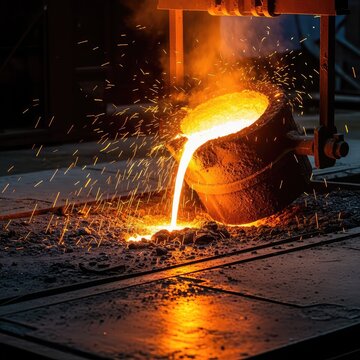Molten steel flows with intense heat in an industrial foundry, casting a vibrant orange glow as sparks dance across the dark metal floor, dark, crucible, smelting