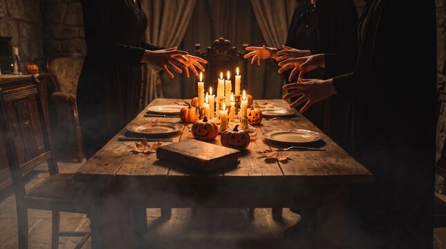 Mystical Occult Ritual with Witches Gathering Around a Candlelit Table in a Dark Room with Fog