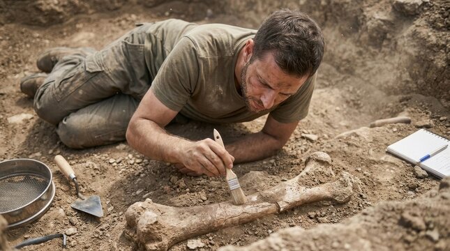 Overhead view of archaeologist brushing fossil in excavation pit