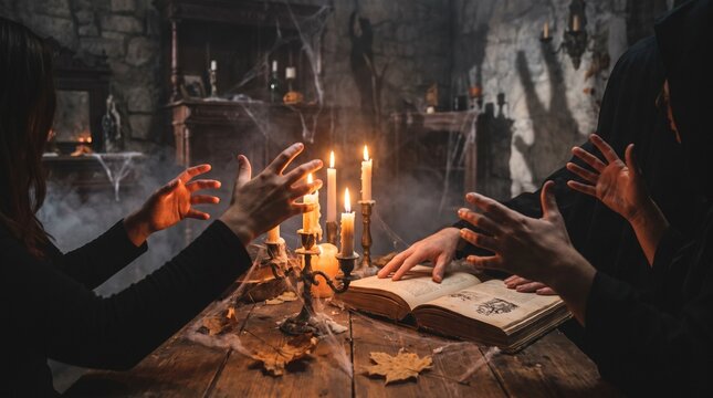 Mysterious witches performing a dark occult ritual with spellbooks and glowing candles in a spooky castle