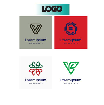 Set of four minimalist modern business logo templates featuring various geometric and organic shapes with placeholders
