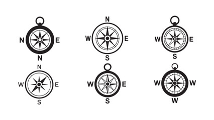 Selection of six unique compass and wind rose symbols for navigational charts and travel itinerary designs. © Joynab