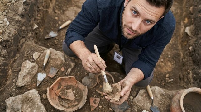 Top View of Archaeologist Brushing Ancient Pottery in Dig Site